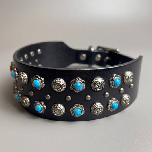 Genuine Leather Dog Collar Vintage Green Gem Studs Handmade Heavy Duty Anti-Pull Collar