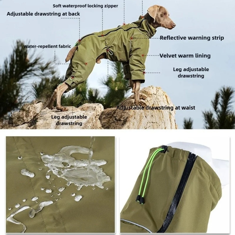 Large Dog Waterproof Winter Jumpsuit – Full Coverage Outdoor Windproof Reflective Dog Coat with Fleece Lining