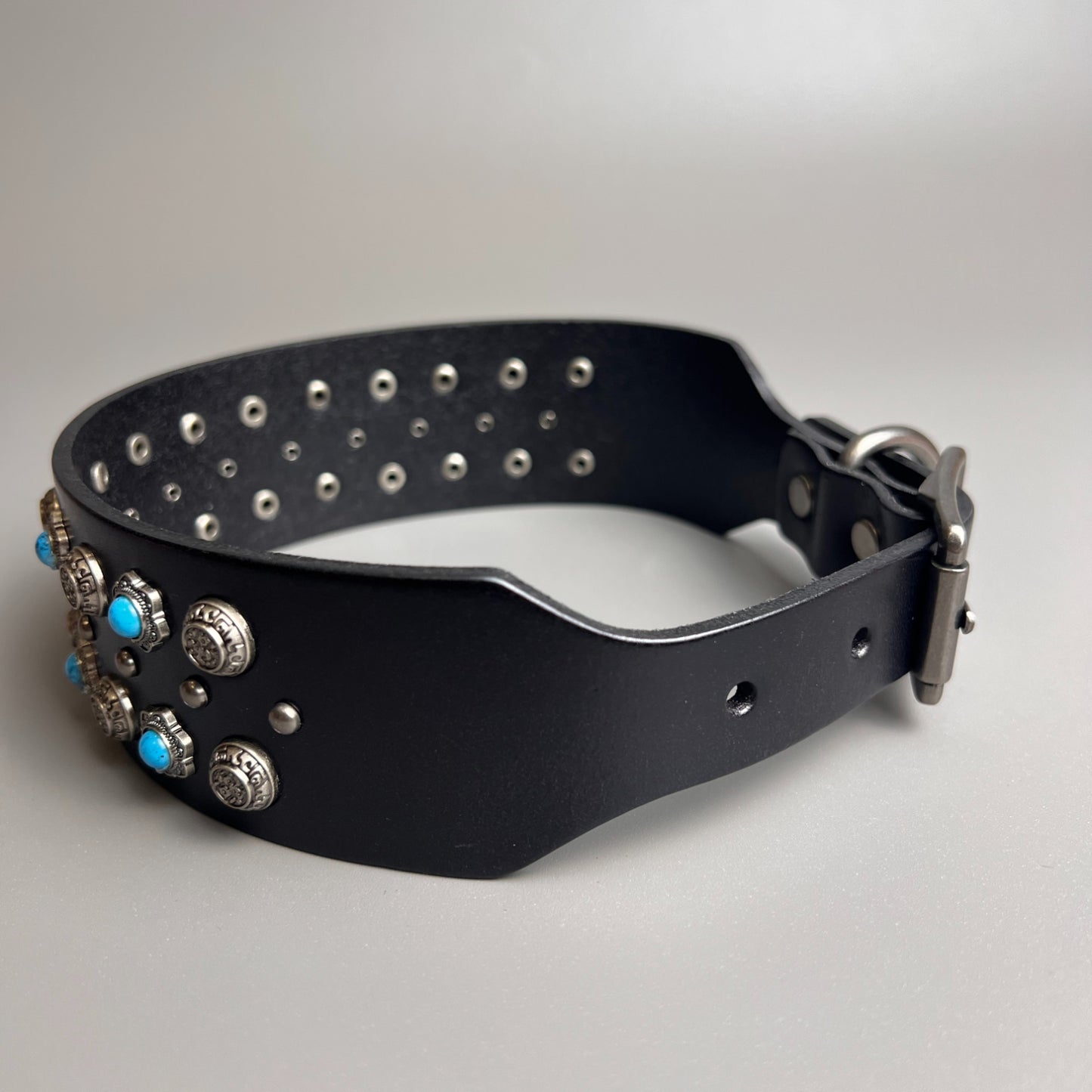 Genuine Leather Dog Collar Vintage Green Gem Studs Handmade Heavy Duty Anti-Pull Collar