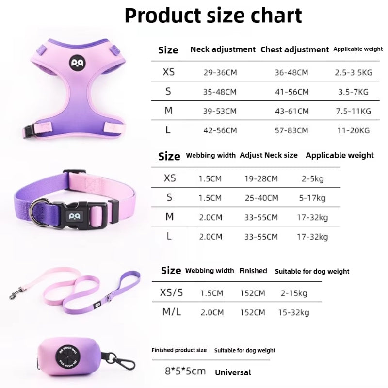 Dog Harness Leash Collar Set for Small Dogs Adjustable Three-Point Pet Harness Set Gradient Color Soft Breathable with Poop Bag