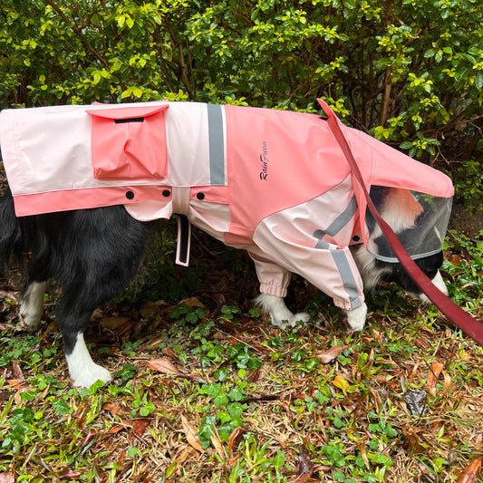 Waterproof Large Dog Raincoat – Pink PU Fabric with Transparent Hood, Reflective Strips - Adjustable Fit for Medium - Large Breeds