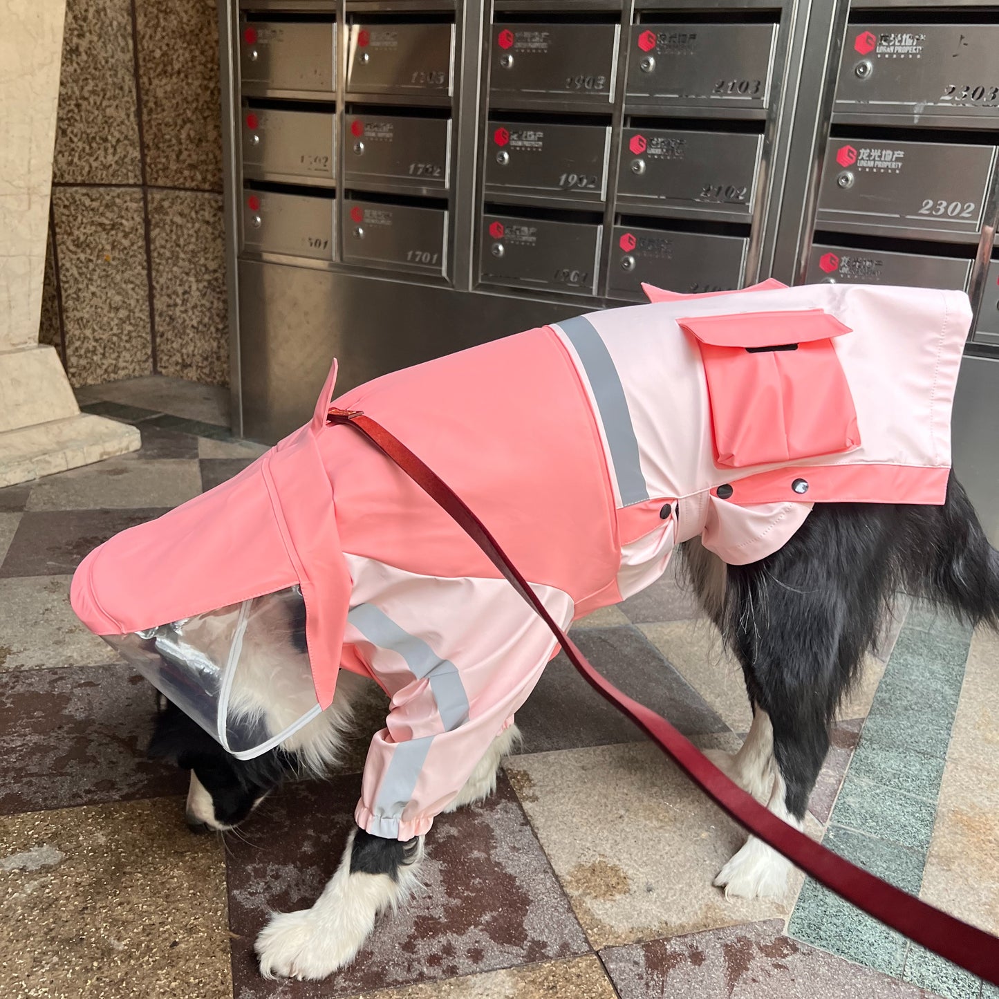 Waterproof Large Dog Raincoat – Pink PU Fabric with Transparent Hood, Reflective Strips - Adjustable Fit for Medium - Large Breeds