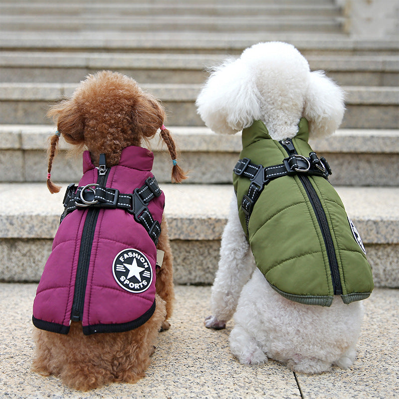 Warme Hundejacke, verdickt, wasserdicht, mit Geschirr