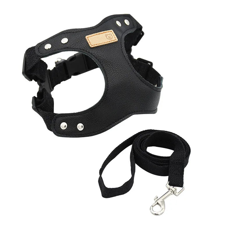 Soft leather dog harness set with leash Pet leather collar Teddy Bichon outdoor harness leash
