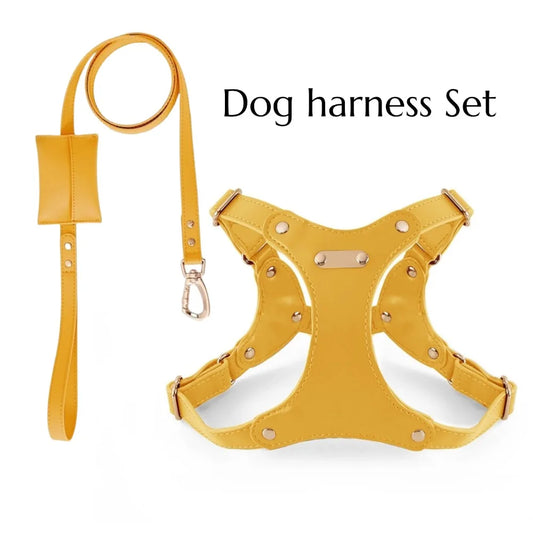 Leather Dog Harness and Leather Set - Waterproof, anti slip, adjustable, yelllow S-L for small and medium-sized dogs