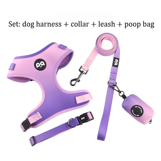 Dog Harness Leash Collar Set for Small Dogs Adjustable Three-Point Pet Harness Set Gradient Color Soft Breathable with Poop Bag