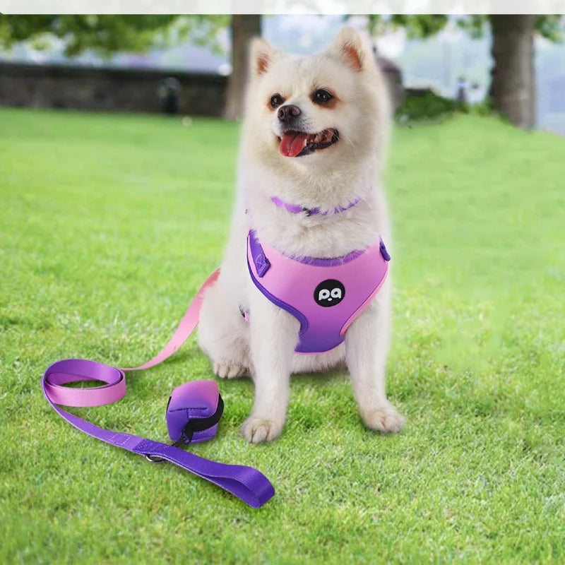 Dog Harness Leash Collar Set for Small Dogs Adjustable Three-Point Pet Harness Set Gradient Color Soft Breathable with Poop Bag