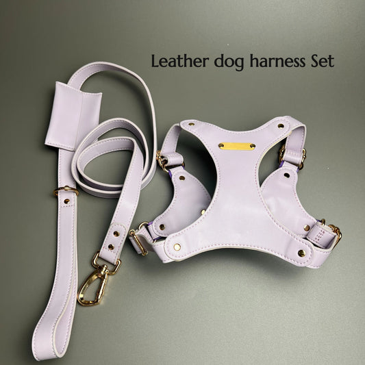 Leather dog harness set with drawstring poop bag - waterproof, adjustable, soft and comfortable for small and medium-sized dogs