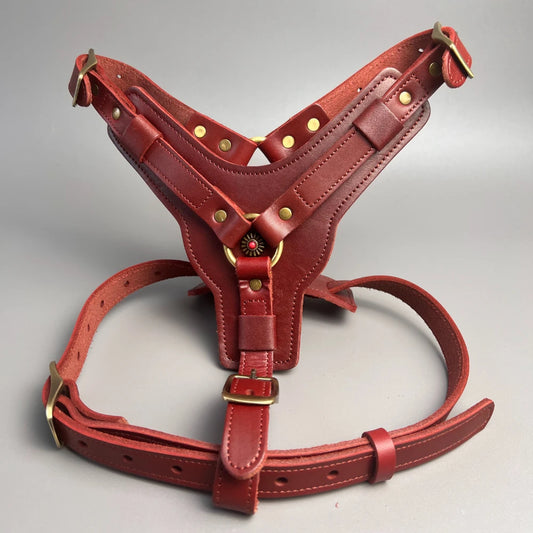 Retro Natural cowhide leather dog harness, luxurious leather dog leash for large and medium-sized dogs red