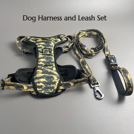 Reflective Dog Harness Leash Set Waterproof Oxford Cloth Army Green Adjustable Vest-Style Dog Collar Convenient Travel