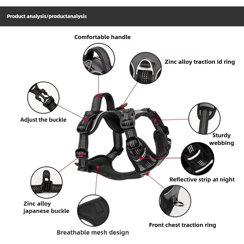 No Hood Explosion Proof Dog Chest Harness Adjustable Breathable Vest-Style Leash for Medium Large Dogs Reflective Dog Harness