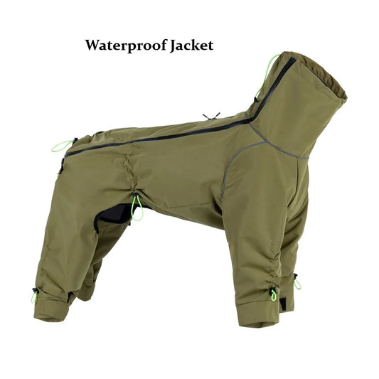 Large Dog Waterproof Winter Jumpsuit – Full Coverage Outdoor Windproof Reflective Dog Coat with Fleece Lining