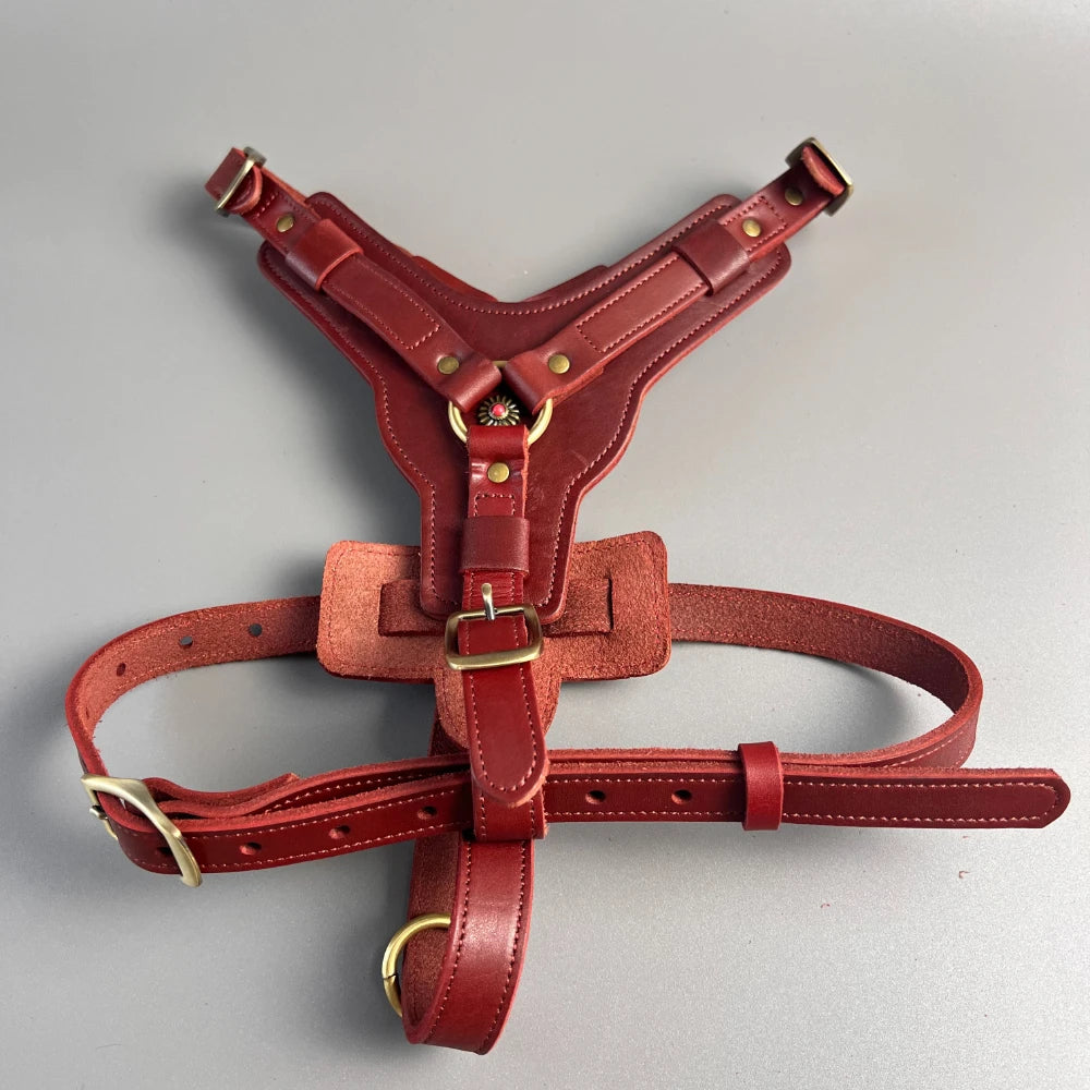 Retro Natural cowhide leather dog harness, luxurious leather dog leash for large and medium-sized dogs red