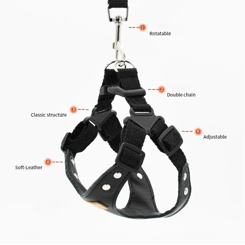 Soft leather dog harness set with leash Pet leather collar Teddy Bichon outdoor harness leash
