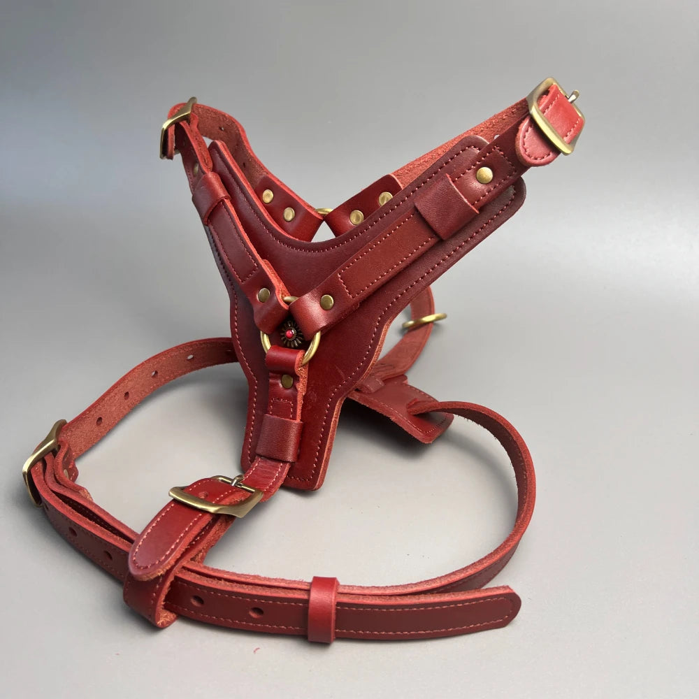 Retro Natural cowhide leather dog harness, luxurious leather dog leash for large and medium-sized dogs red