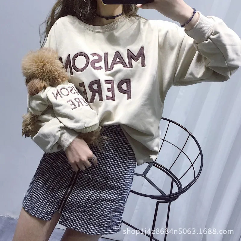 Matching pet and owner clothes embroidered letters pure cotton dog and owner same sweater teddy schnauzer pet matching clothing