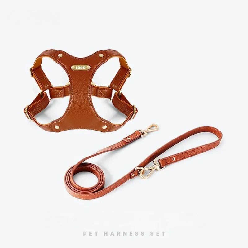 Leather dog harness with leash waterproof soft comfortable Dog walking collars for small and medium-sized dogs