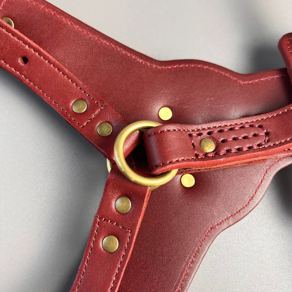 Retro Natural cowhide leather dog harness, luxurious leather dog leash for large and medium-sized dogs red