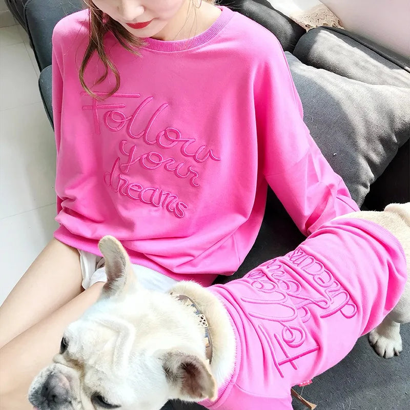 Matching human and pet apparel Matching clothing for small and adult dogs Embroidered text, fashionable sweatshirt for travel