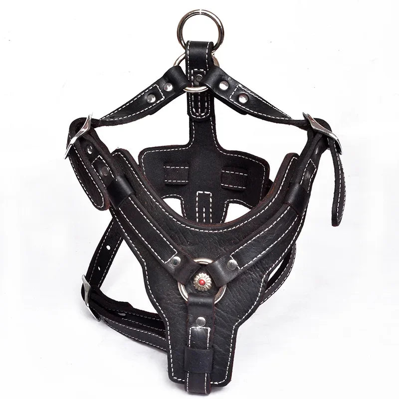 Retro Natural cowhide leather dog harness, luxurious leather dog leash for large and medium-sized dogs red