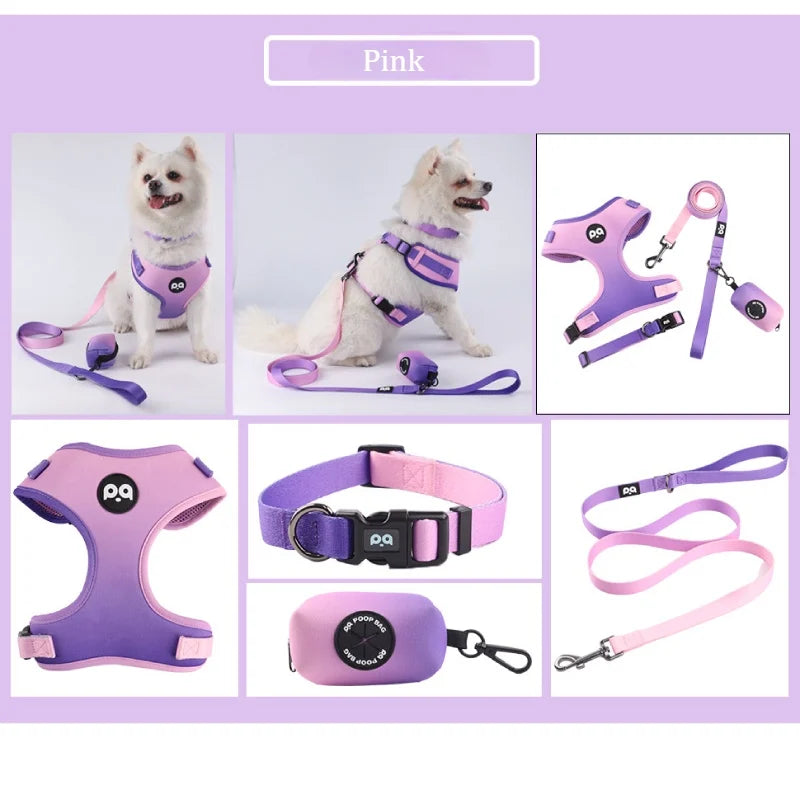 Dog Harness Leash Collar Set for Small Dogs Adjustable Three-Point Pet Harness Set Gradient Color Soft Breathable with Poop Bag