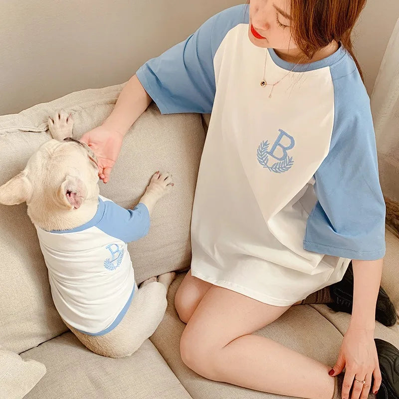 Pet and owner matching outfits Outdoor hike with dog Embroidered short-sleeved loose T-shirt suitable for small dogs and cats