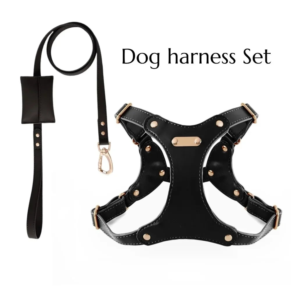 Leather dog harness set with drawstring poop bag - waterproof, adjustable, soft and comfortable for small and medium-sized dogs