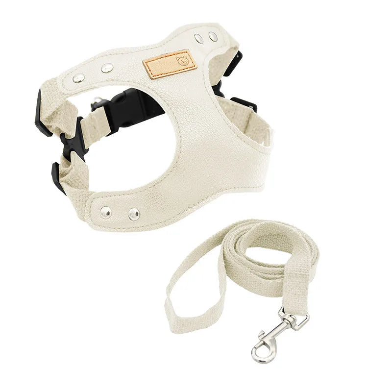 Soft leather dog harness set with leash Pet leather collar Teddy Bichon outdoor harness leash