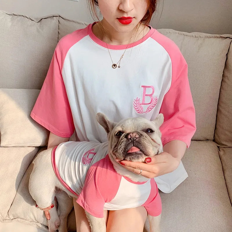 Pet and owner matching outfits Outdoor hike with dog Embroidered short-sleeved loose T-shirt suitable for small dogs and cats