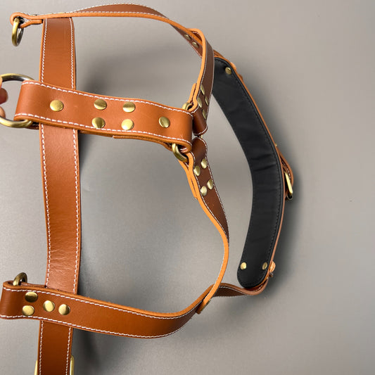 Cowhide leather harness for sled dogs | Three-ring traction design | Adjustable anti-escape harness for large dogs | Handmade thick cowhide