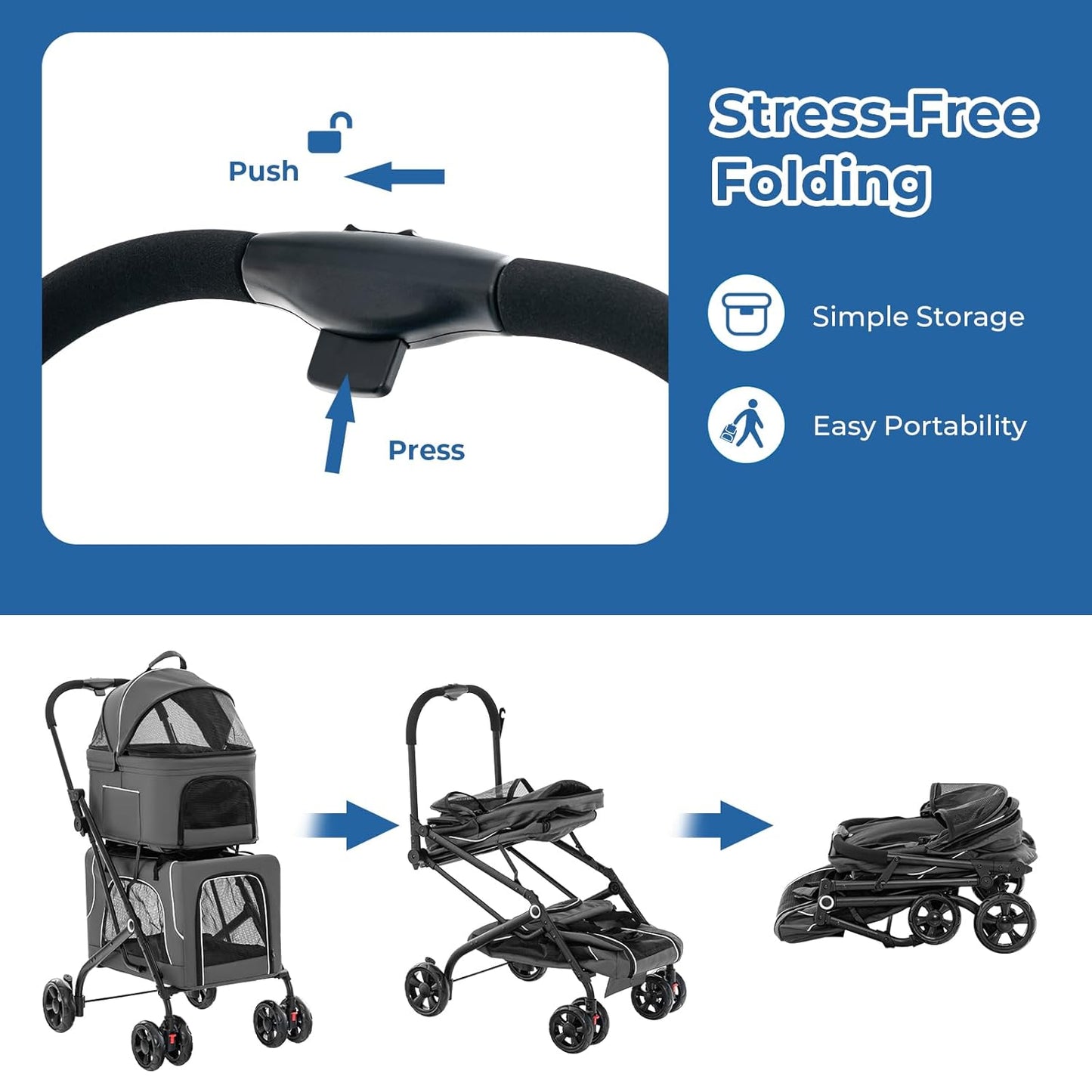 Pet stroller - 2 pets, foldable, suitable for small and medium dogs