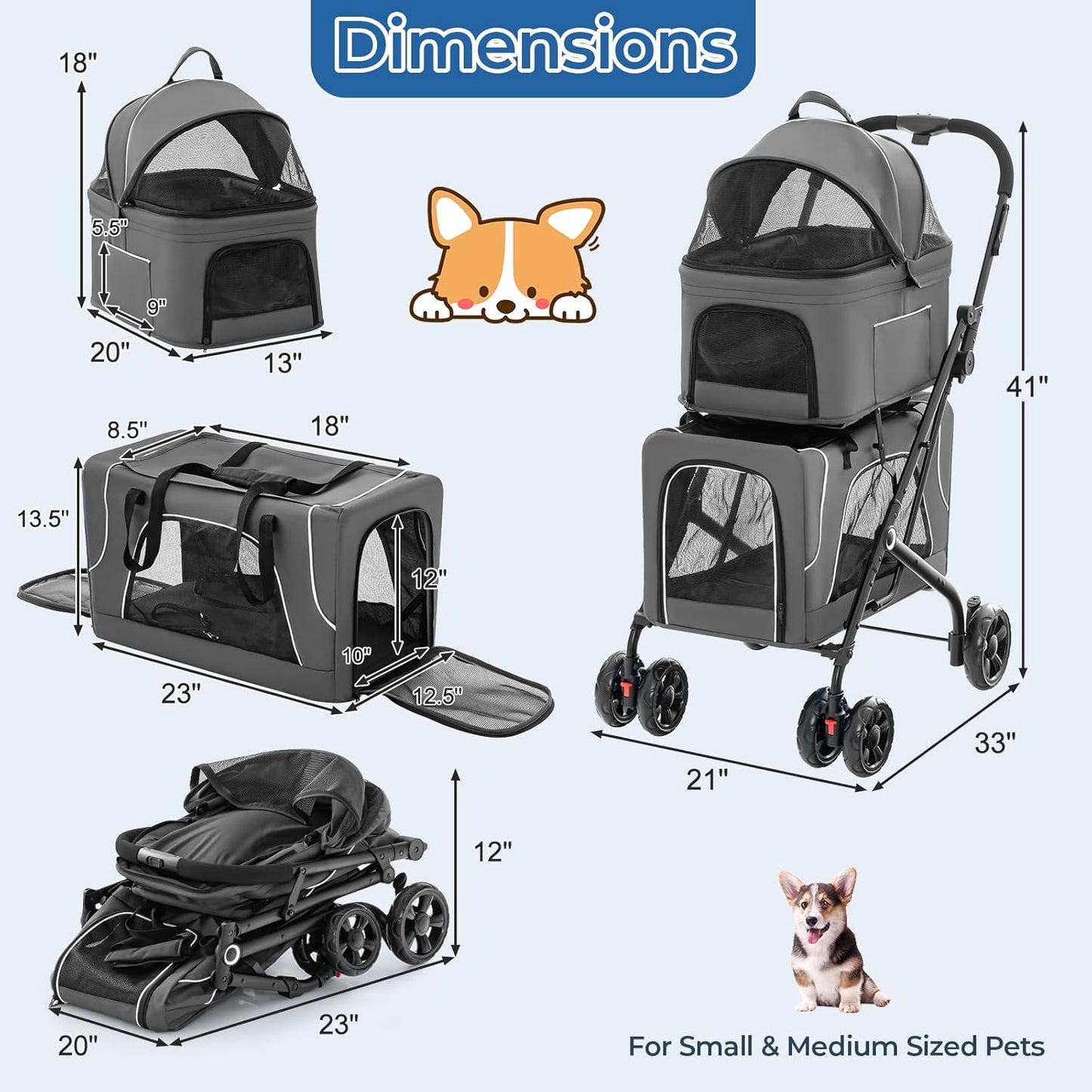 Pet stroller - 2 pets, foldable, suitable for small and medium dogs