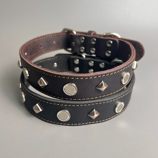 Genuine Leather Studded Dog Collar,  Handmade Thick Leather Pet Collar with Zinc Alloy Rivets