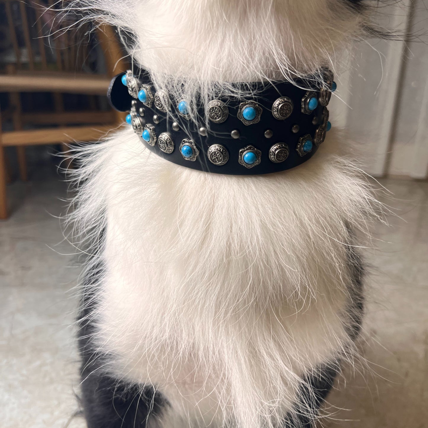 Genuine Leather Dog Collar Vintage Green Gem Studs Handmade Heavy Duty Anti-Pull Collar